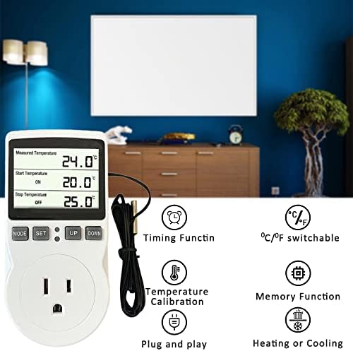 Plug in Thermostat Temperature Controller Heavy Duty Digital Thermostat Outlet Plug Heating Cooling Mode Countdown Timer - Image 4