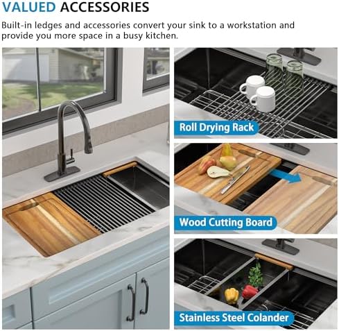 36"x19" Gunmetal Black Undermount Kitchen Sink Ledge Workstation - Image 6