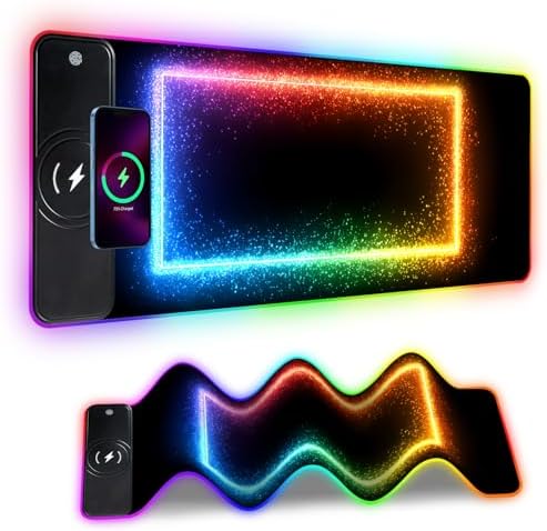 Wireless Charging RGB Gaming Mouse Pad, 31.5 x 11.8 Inch Extended Mouse Mat with Rainbow LED Edge Design, Desk Pad with 7 Lighting Modes, Non-Slip Base for Gaming & Office by THISFIND