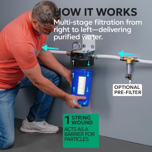 Aquaboon Whole House Water Filter System for Well Water with 5 Micron 10x4.5 Purification String Wound Cartrige | NSF Certified, Pressure Gauges & Releas, Wrench, Bracket 1" NPT - Image 2