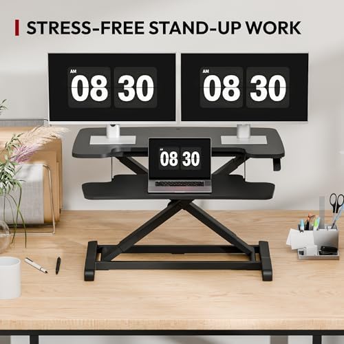 SANODESK 32" Height Adjustable Standing Desk Converter, Desk Riser Sit Stand Workstation for Home Office Laptop & Dual Monitor Setup, Ergonomic Lift Platform, Black - Image 7
