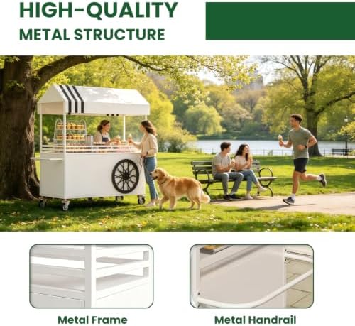 Mobile Food Cart with LED Lights & Canopy, Portable Vendor Display Stand with Lockable Wheels, Commercial Food Kiosk for Markets, Street Vending, Flea Markets, Weddings, Hotels & Snack Events - Image 5