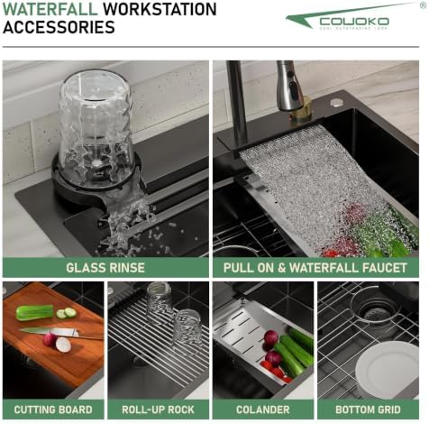 33x22 Black Drop In Waterfall Kitchen Sink with Accessories - Image 5