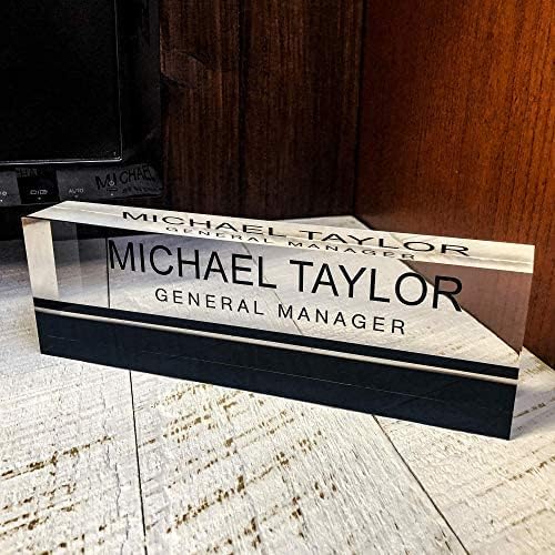Artblox Office Desk Name Plate Personalized | Custom Name Plates for Desks on Acrylic Glass Decor | Office Desk Decor Nameplate | Desk Accessories | Black Stripe - (8" x 2.5") - Image 2