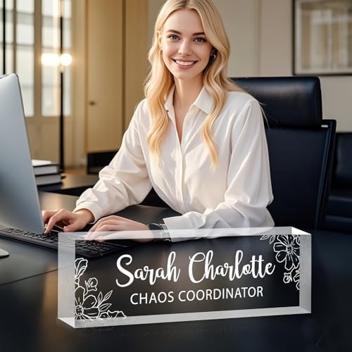 Custom Name Plate for Desk, Personalized Desk Name Plate on Clear Acrylic Glass, Appreciation Gifts for Teacher Employee Boss Coworkers Nurse, Office Desk Accessories for Women Men (Engraved Bloom) - Image 2