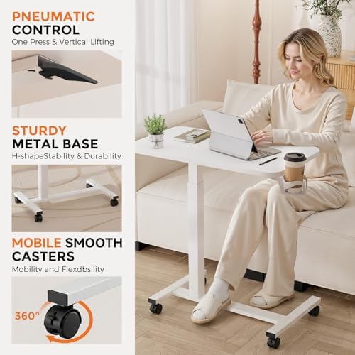 GTPLAYER Small Standing Desk with Wheels, Pneumatic Mobile Rolling Laptop Desk,Adjustable Height Overbed Bedside Table Computer Workstation for Home Office (28" W x 16" D, Ivory White) - Image 6
