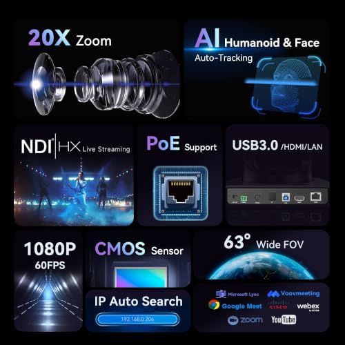 Tenveo NDI PTZ Camera AI Humanoid & Face Auto-Tracking, HDMI/LAN/USB3.0 PoE PTZ Camera 20X Optical Zoom IP Live Streaming, FHD 1080P 60FPS, for Church Services Worship Video Conference Live Streaming - Image 2