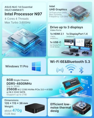 ASUS NUC 14 Pro Essential Mini PC, Intel NUC 14 NUC14MNK PC, Core N97, 8GB DDR5, 256GB SSD, Win 11 Pro, WiFi 6E, BT 5.3, Business Desktop for Daily, Office, Education, Digital Signage, Edge Computing - Image 2