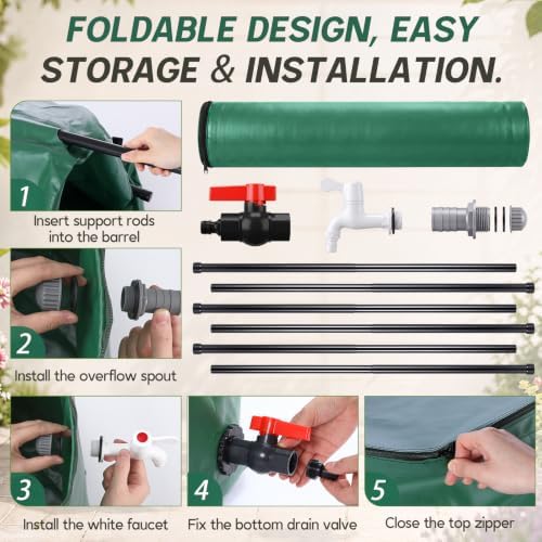 Waydress Collapsible Rain Barrel, Portable Rainwater Collection System with Spigots, Mesh Filter & Overflow Kit, Leak-Proof Foldable PVC Water Storage Tank for Garden, Car Washing(100 Gallon,Green) - Image 4