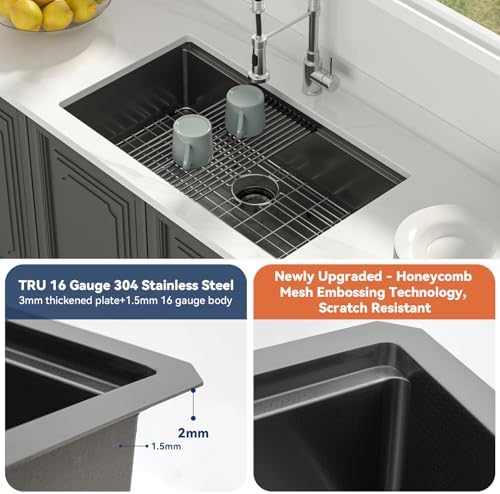 Lordear 33x19 Inch Black Kitchen Sink Undermount Honeycomb Nano Finish 16 Gauge T304 Stainless Steel Single Bowl Workstation Sink with Cutting Boards Handmade - Image 3