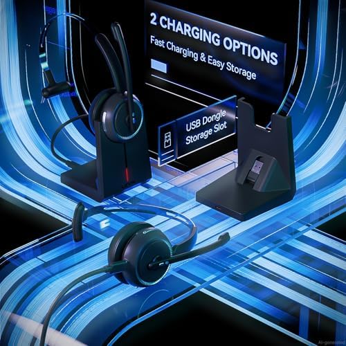 Wireless Headset with Mic for Work, Bluetooth Headset(Charging Base & Mute) - Image 4