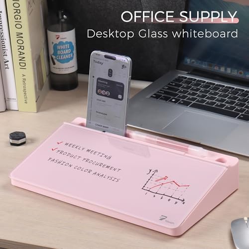 TOWON Compact Glass Desktop Whiteboard with Storage 12x7 in, Pink - Image 2