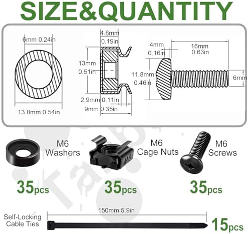 120Pcs M6 x 16mm Rack Mount Cage Nuts, Screws, Washers and Self-Locking Cable Ties, Server Rack Screws and Square Nuts for Rack Mount Server Cabinet, Shelves, Enclosures, Routers - Image 2