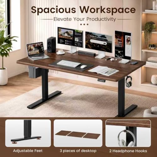 Grandder 63x32 Large Electric Standing Desk, Height Adjustable Computer Desk with 2 Memory Presets, 31.5" Deep Desktop Sit Stand Desk Home Office Desk Workstation Table with Hooks, Walnut - Image 7