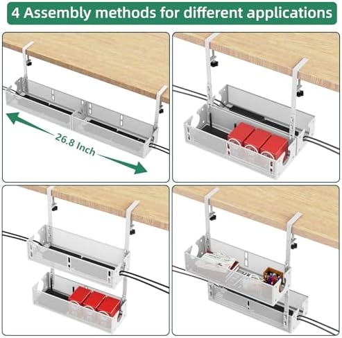 Multi-Model Under Desk Cable Management Tray 2 Packs Metal Under Desk Wire Management Clamp Mount Under Table Cord Management No Damage The Desk (White) - Image 7