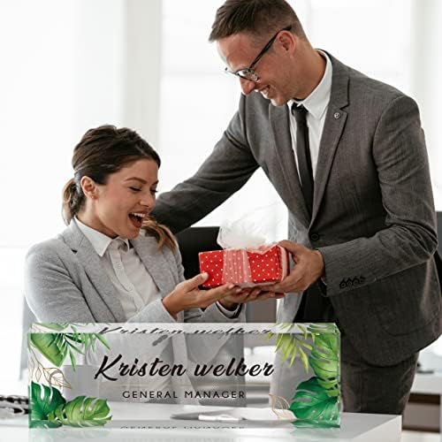 Desk Name Plate Personalized, Custom Name Plates for Desks, Office Desk Decor, Green Leaf Clear Acrylic Glass Block, Personalized Office Gifts for Women Men Boss Teachers Coworkers Appreciation Gifts - Image 4