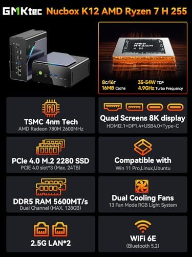 GMKtec K12 Gaming Mini PC Oculink AMD Ryzen 7 H 255 (Upgraded 8745HS) 32GB DDR5 RAM 512GB SSD, Desktop Computer Radeon 780M Graphics, 3X M.2 2280 Storage Expansion, Dual NIC 2.5G, HDMI 2.1, USB4 - Image 2