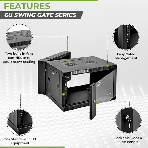 NavePoint 6U Server Cabinet with Hinged Back - 21.6' Deep, 6U Server Rack Enclosure with Locking Glass Door, Wall Mount Rack with Removable Side Panels, Network Cabinet with 2 Fans, Pre-Assembled - Image 2