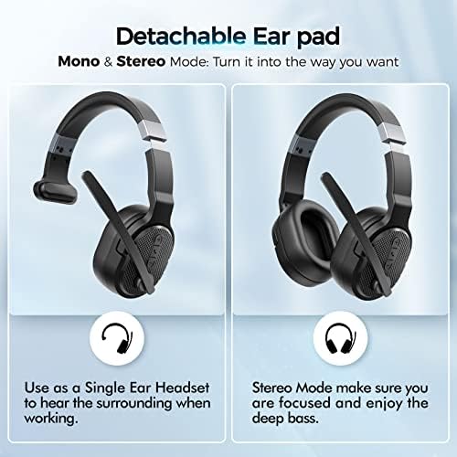 COSMUSIS Trucker Bluetooth Headset with Dongle, Wireless Headsets with Noise Cancelling Microphone, 50+Hrs HD Talktime Bluetooth Headphones with Detachable Earpad/Single+Dual Mode for Office/Driving - Image 2