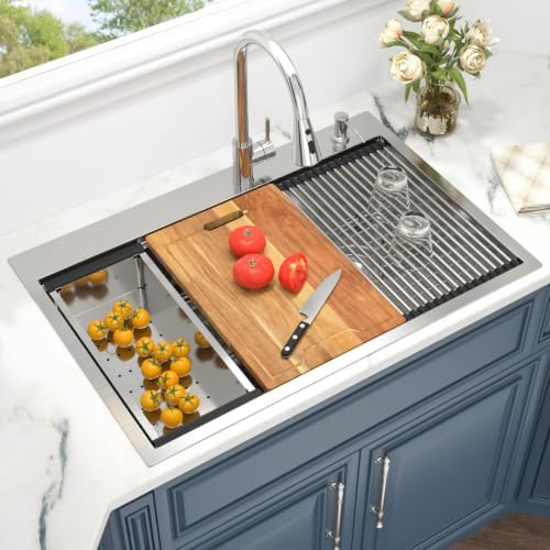 33 Drop In Kitchen Sink Stainless Steel Double Bowl Workstation Low Divide - Image 2