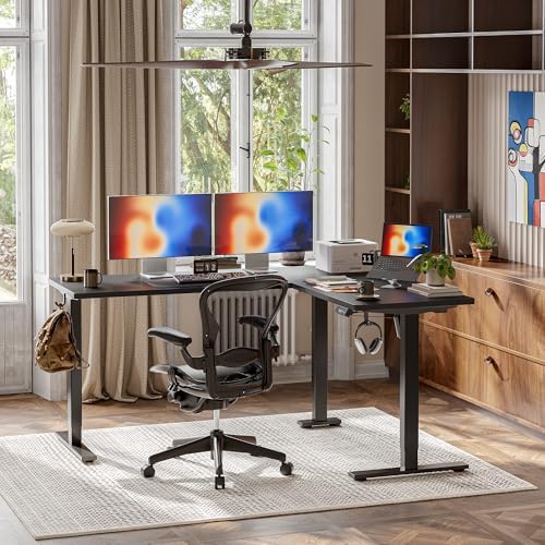 TIQLAB Standing Desk L Shaped, 63x55 Inch Adjustable Height Electric Stand Up Desk, Corner Standing Table with Hooks, Sit Stand Desk with Splice Board, Black - Image 2