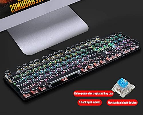 YSCP Typewriter Style Mechanical Gaming Keyboard Rainbow Backlit Wired with Blue Switch Retro Round Keycap 104 Keys Keyboard (L-Black) - Image 2