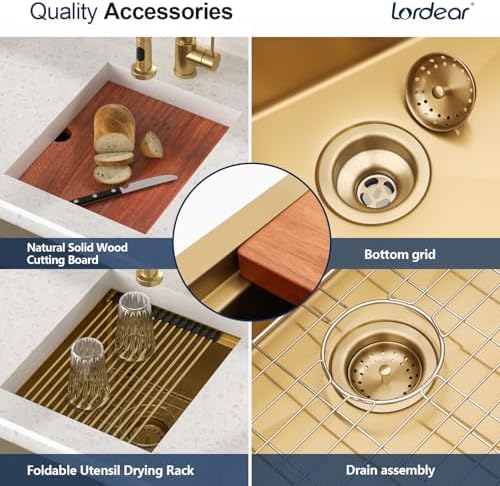 Lordear Gold Undermount Bar Sink 15x18x9 Inch Kitchen Sink Workstation 16 Gauge Stainless Steel Small Single Bowl Bar Prep Rv Island Sink - Image 6