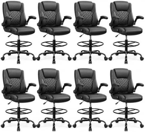 Drafting Chair, Tall Office Chair for Standing Desk, High Executive Leather Ergonomic Computer Chair with Adjustable Height and Flip-Up Armrest for Counter Height Desk, Black, Pack of 8 by BrickAttic