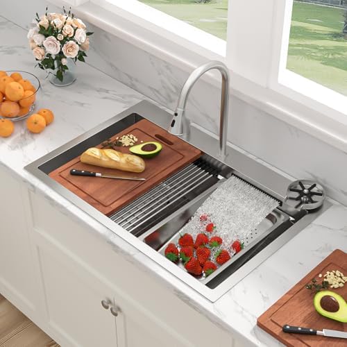 Sarlai 33 Inch Waterfall Kitchen Sink - 33x22 Inch Drop In Kitchen Sink Ledge Workstation Topmount Multifuctional Smart Stainless Steel 16 Guage Single Bowl Sinks Basin with Faucet - Image 2