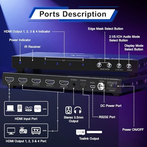 PORTTA HDMl Video Wall Controller 2x2 4K, Video Wall Processor with 11 Splicing Modes, RS232, 180° Rotate, Audio Extractor, 2x2,1x2,1x3,1x4,2x1,3x1x4x1, 4 tv Screens into 1 wall Display - Image 5
