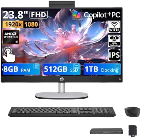 HP 23.8" FHD Touchscreen All-in-One Desktop AI PC, AMD Ryzen AI 5 340, 8GB DDR5, 1.5TB Storage (512GB SSD+1TB Docking Station), FHD IR Camera, Wi-Fi 6, Wireless Keyboard & Mouse, Win 11, Black by Unknown