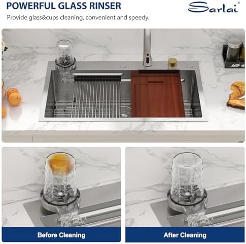 Sarlai Waterfall Kitchen Sink - 30 Inch Drop In Waterfall Workstation Kitchen Sink Stainless Steel 16 Gauge Topmount Single Bowl Multifunctional Top Mount Sinks with Faucet Combo 30x19x9 - Image 6