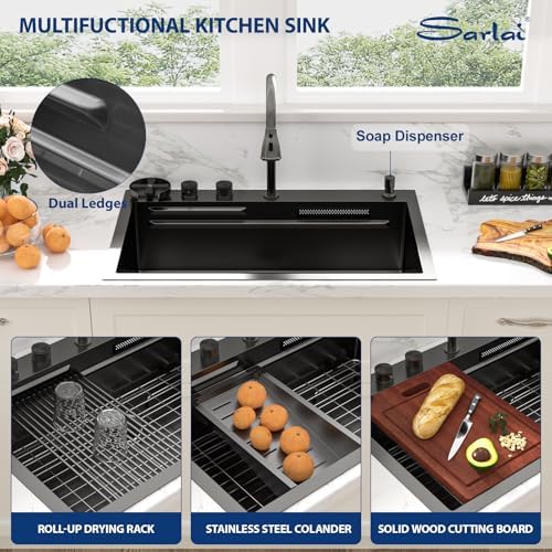 Sarlai Waterfall Kitchen Sink 30 Inch Black Drop In Kitchen Sink Topmount 16 Gauge Stainless Steel 30x22 Inch Single Bowl Multifuction Workstation Top Mount Sinks with Double Knob - Image 7