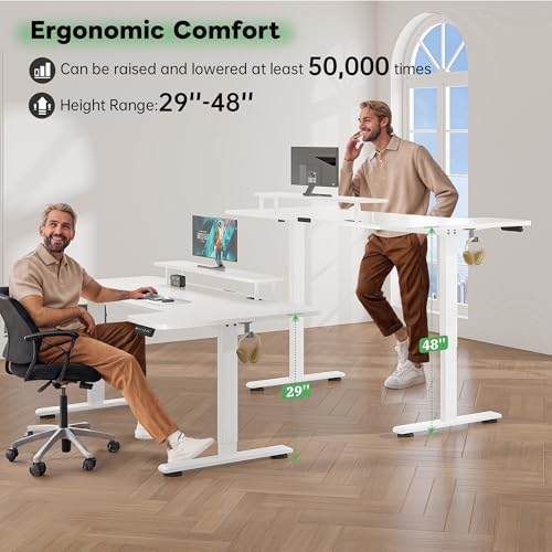 EnHomee 71 x 36 Inch U Shaped Electric Standing Desk, Height Adjustable Desk with Power Outlet, 3 Memory Height Preset,Monitor Shelf for Home Office Work Study Gaming, White - Image 3