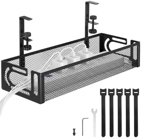 AiQInu Cable Management Desk Under The, Clampable Cable Organiser Tray, Under-Sink Mounting Organiser Made of Carbon Steel, No Drilling, Cable Management for Office, Home by AiQInu