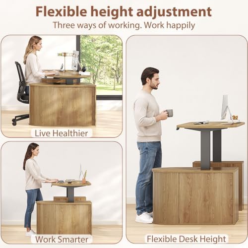 HSH Electric Standing Desk with Storage Cabinet Oak 60" Home Office Desks - Image 5