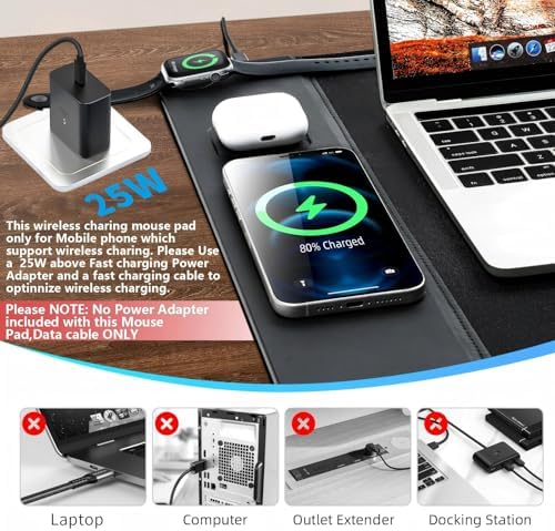 VOVIPO 3 in 1 Wireless Charging Mouse Pad, Gift for Dad/Office Manager,Wireless Charger Compitable with iPhone/Watch/airpods. Wireless Charging Desk Mat 90 x 40cm,Black Topographic Computer Desk Pad - Image 2