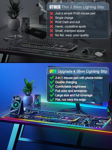 XXL Mouse Pad with Phone Holder - Black, RGB Desk Mat with 15W Fast Charging, LED Gaming Mousepad with 11 Light Colors, Waterproof Non-Slip Pad for Office & Home (Topographic) - Image 6