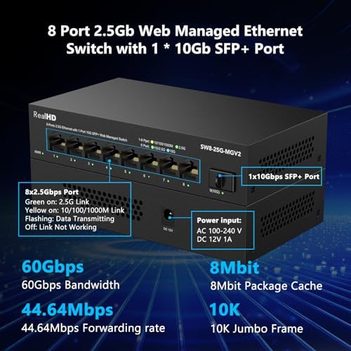 8 Port 2.5Gb Web Managed Ethernet Network Switch with 8 x 2.5 Gigabit | 1 x 10G SFP+ | Work with 10-100-1000Mbps Devices | 60G Bandwidth | Fanless Quiet Metal Internet Switch - Image 4