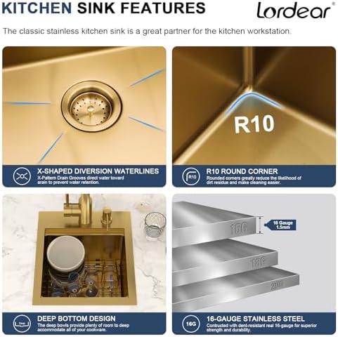 Bar Sink - Lordear 13x15 Gold Drop In Bar Sink with Faucet Soap Dispenser Workstation 16 Gauge T304 Stainless Steel Single Bowl Top Mount Wet Bar RV Prep Outdoor Kitchen Sink 13x15x9 Inch - Image 6