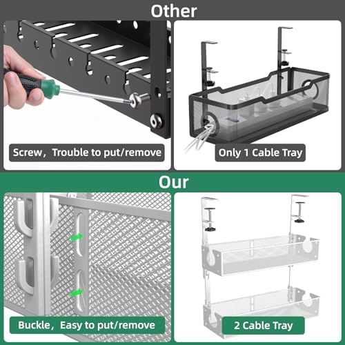 Multi-Model Under Desk Cable Management Tray 2 Packs Metal Under Desk Wire Management Clamp Mount Under Table Cord Management No Damage The Desk (White) - Image 4