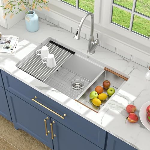 Lordear 33 Inch White Kitchen Sink Undermount Composite Granite Quartz Single Bowl Workstation 33x19x10 Inch Under Counter Kitchen Sinks - Image 3