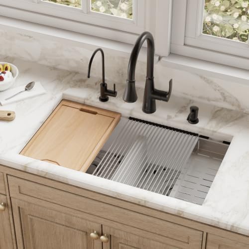 Karran 32.5" White Quartz Composite Undermount Double Bowl Workstation Kitchen Sink, 50/50 Chef Prep Station with Cutting Board, Roll-Up Mat, Colander, Bottom Grids and Accessories – QUWS-880 - Image 2