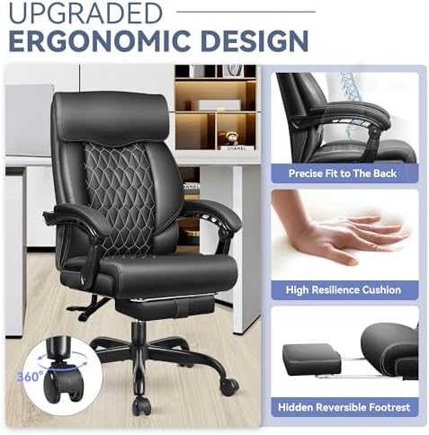 Office Chair, Big and Tall Office Desk Chair, Reclining Office Chair with Footrest Home Office Desk Chairs, High Back Ergonomic with Lumbar Support, Executive Leather - Image 3