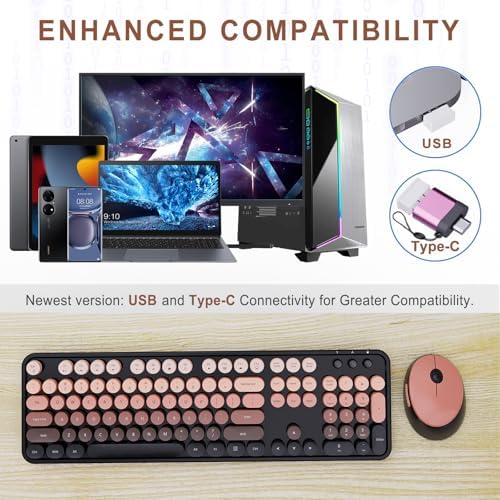 SkyGive Wireless Keyboard and Mouse Combo, Ergonomic Full Size Typewriter Retro Round Keycaps Keyboard, Compatible with Windows, PC, Perfect for Home and Office Keyboards (Aurora Red) - Image 3
