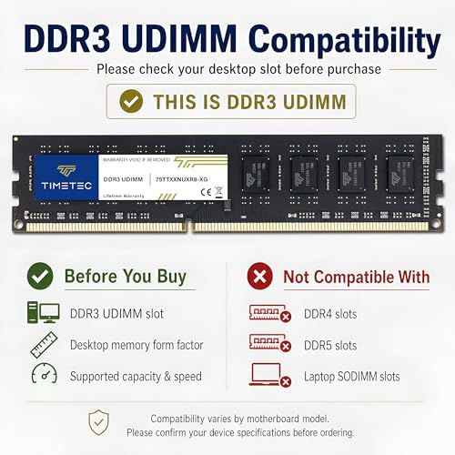 Timetec 8GB KIT(2x4GB) DDR3 / DDR3L 1333MHz PC3-10600 Non-ECC Unbuffered 1.5V / 1.35V CL9 2Rx8 Low Density Dual Rank 240 Pin UDIMM Desktop PC Computer Memory RAM Module Upgrade (8GB KIT(2x4GB)) - Image 4