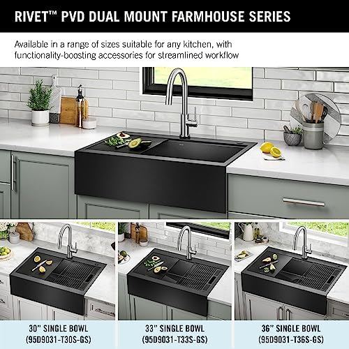 DELTA FAUCET Rivet 33 In Black Stainless Steel Retrofit Farmhouse Apron Front Workstation Kitchen Sink Single Bowl/PVD Gunmetal Finish w/ Accessories for Top Mount Drop-In Installation,95D9031-T33S-GS - Image 3