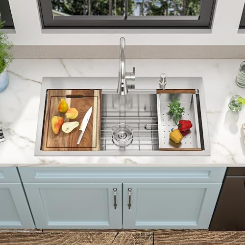33 Kitchen Sink Drop In - Fulorni 33"x19" Ledge Workstation Top Mount 16 Gauge 304 Stainless Steel Over Mount Single Bowl Sink Basin with Faucet, Soap Dispenser - Image 3