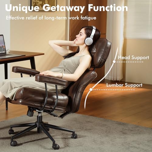 High Back Executive Office Chair with Comfortable Deep Seat,Brown PU Leather Modern Office Chair,Ergonomic Big and Tall Computer Desk Chair with Lumbar Support(Dark Brown) - Image 5