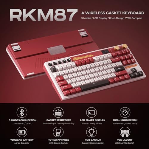 RK ROYAL KLUDGE M87 Wireless Gaming Keyboard with Screen & Dual Knobs, Red - Image 2